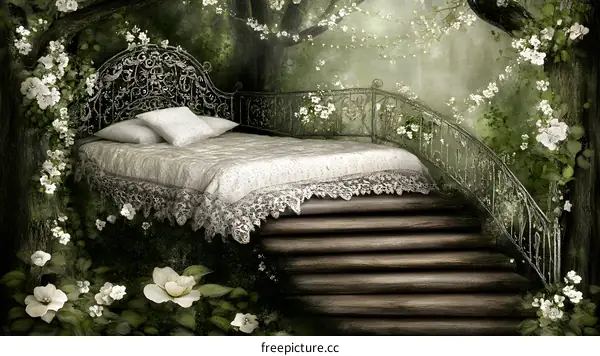 Fantasy Bed in a Forest with White Flowers