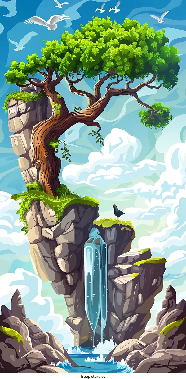 Waterfall on a Cliff with a Tree