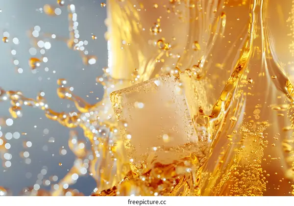 Golden Liquid Splashing With Ice Cube