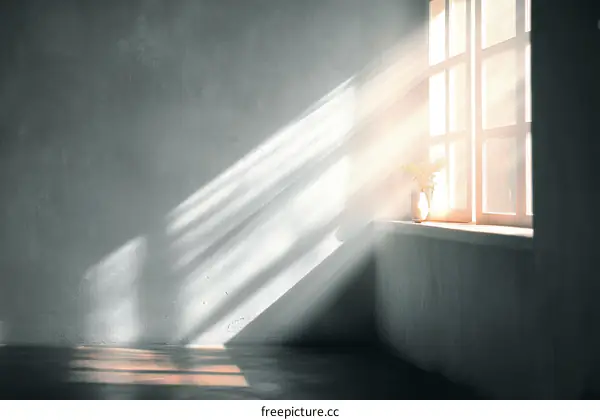Sunlight Streaking Through a Window in a Room with Concrete Walls