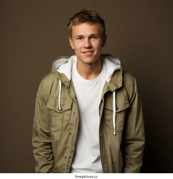 Studio portrait of a young man wearing a white t-shirt and an olive green jacket with a white drawstring hood
