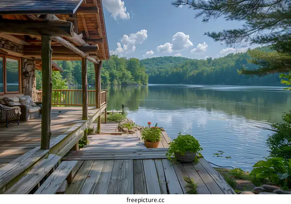 Cabin On The Lake With A Wooden Deck