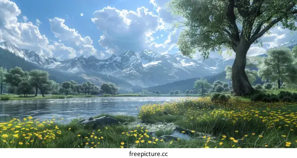 Tranquil River Flowing Through Lush Green Valley Meadow with Snow-capped Mountains