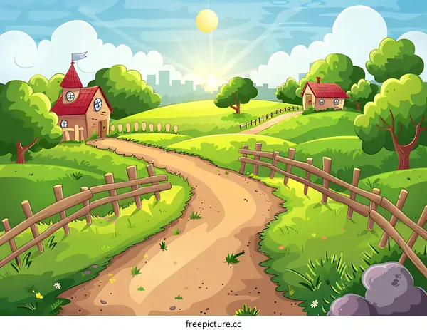 Cartoon Landscape with Green Grass, Winding Road and Two Houses