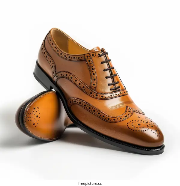 A pair of brown leather shoes with brogue detailing