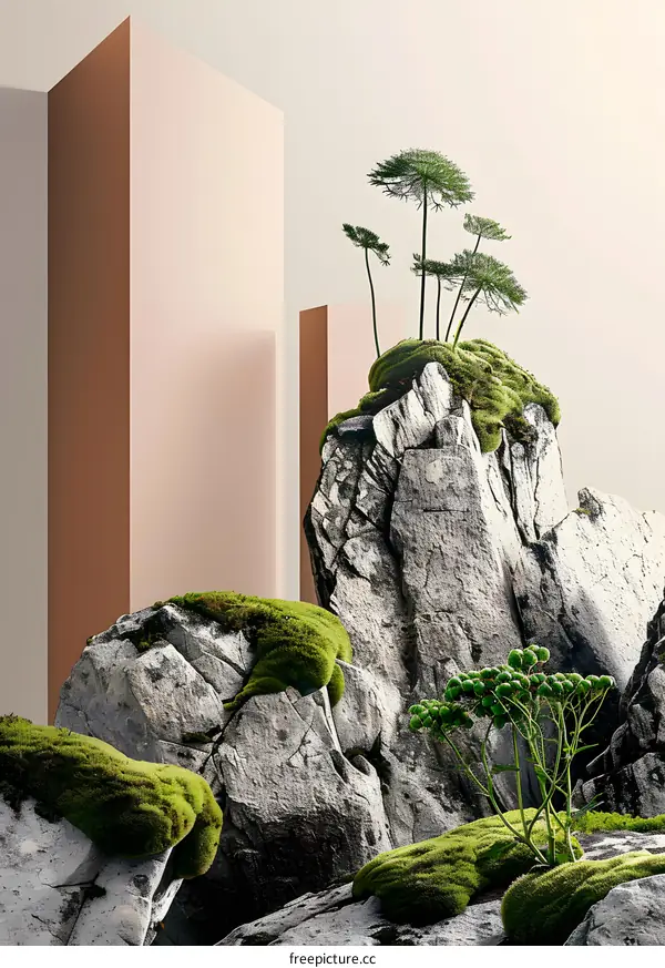 Abstract Minimalist  Green Moss  and Stone Wall Background