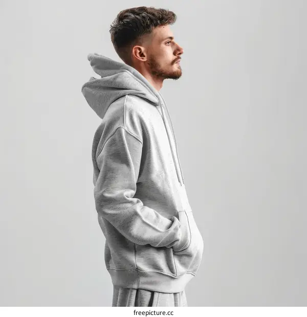 Side view of a young male model wearing a gray hoodie