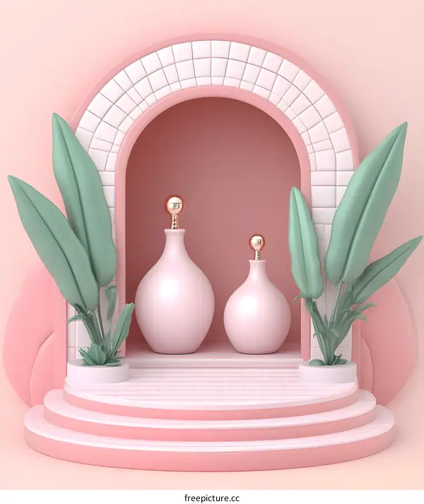 Pink and White Minimalist 3D Render with Geometric Shapes and Plants