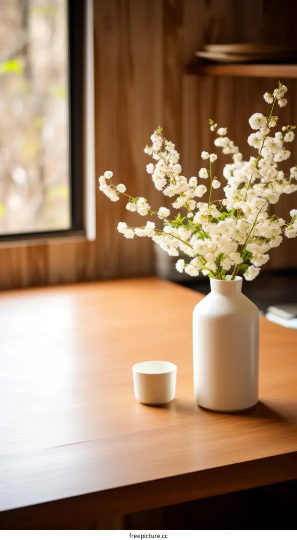White Flowers in a Vase on a Wooden Table