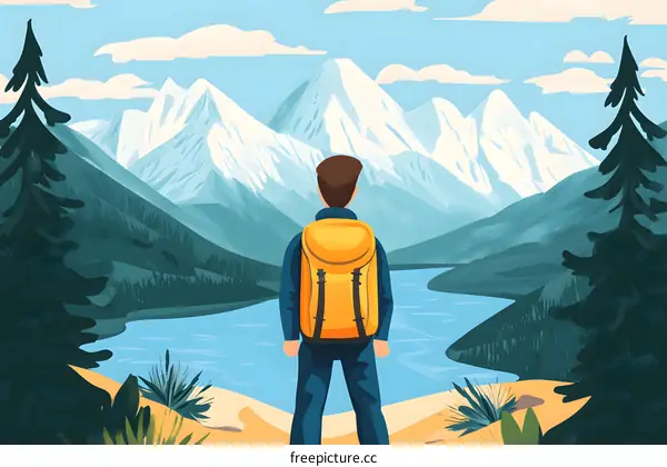 Man with Backpack Standing on Mountain Peak Looking at View