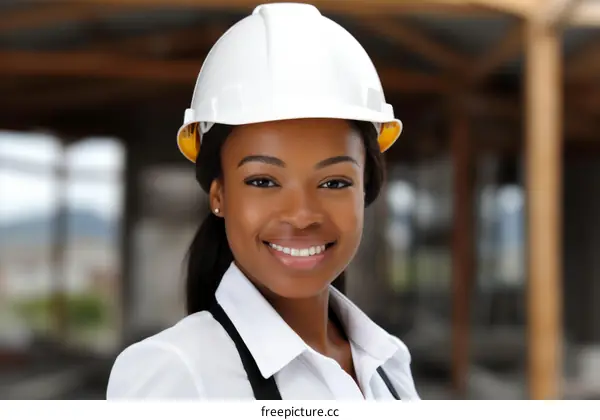 portrait of a smiling young african american woman wearing a hard hat