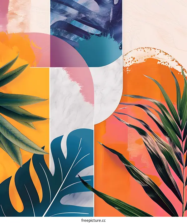 Abstract Tropical Collage with Palm Leaves and Marble