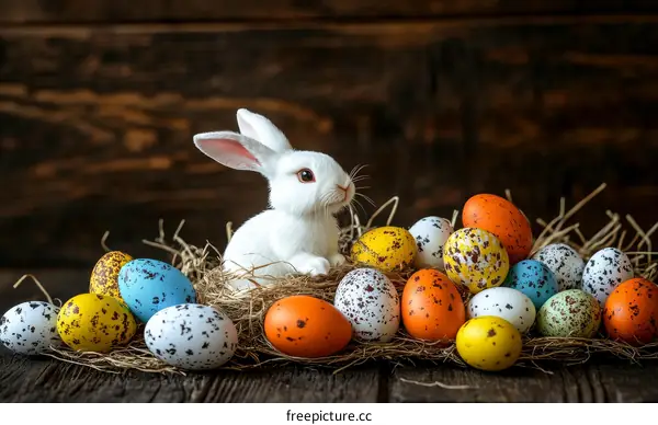 Easter Bunny and Colorful Eggs on Wooden Background