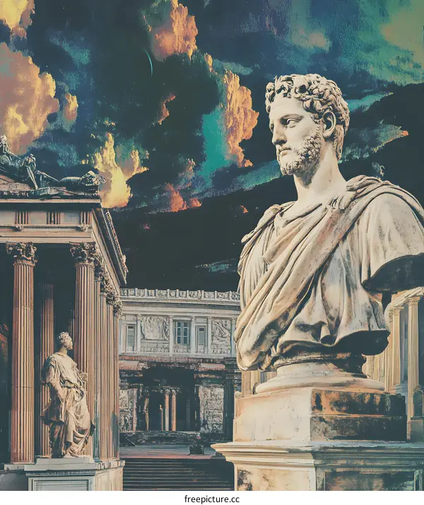 Ancient Roman Statue with Cloudy Sky and Columns
