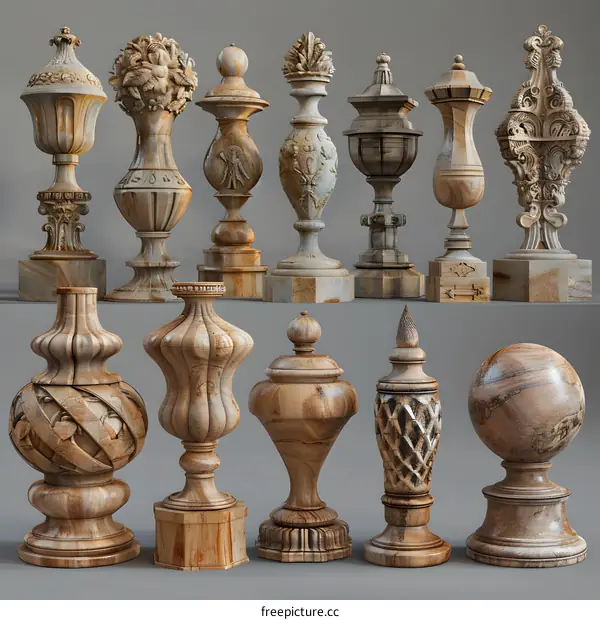 3D rendering of various wooden balusters and finials
