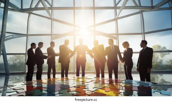 Business people shaking hands in a modern office with large windows