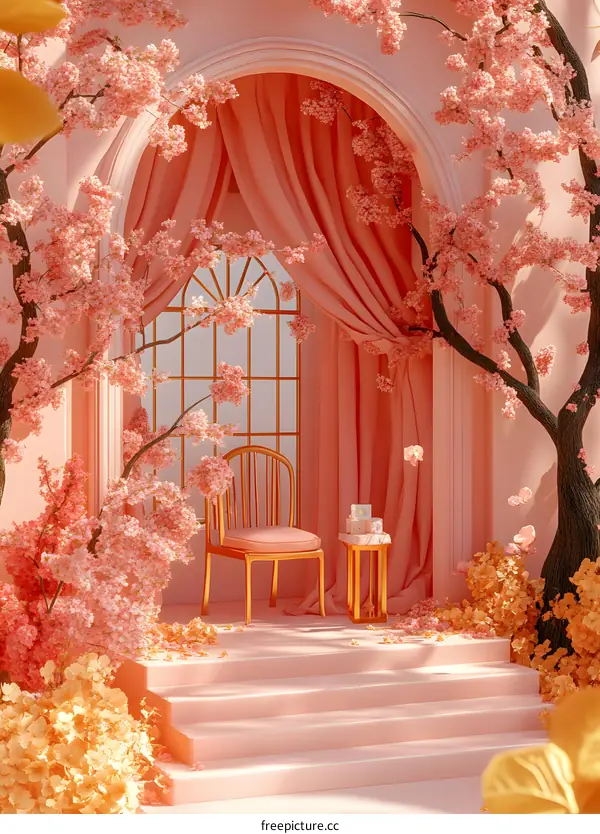 Pink Floral Archway With Golden Chair And Table