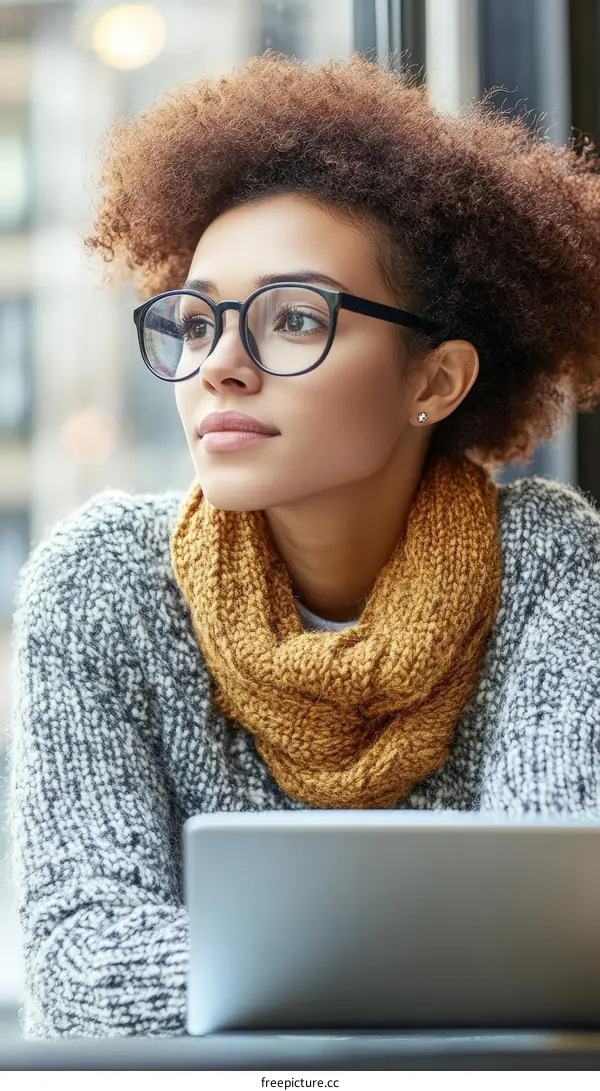 Young Woman Working on Laptop in Cafe