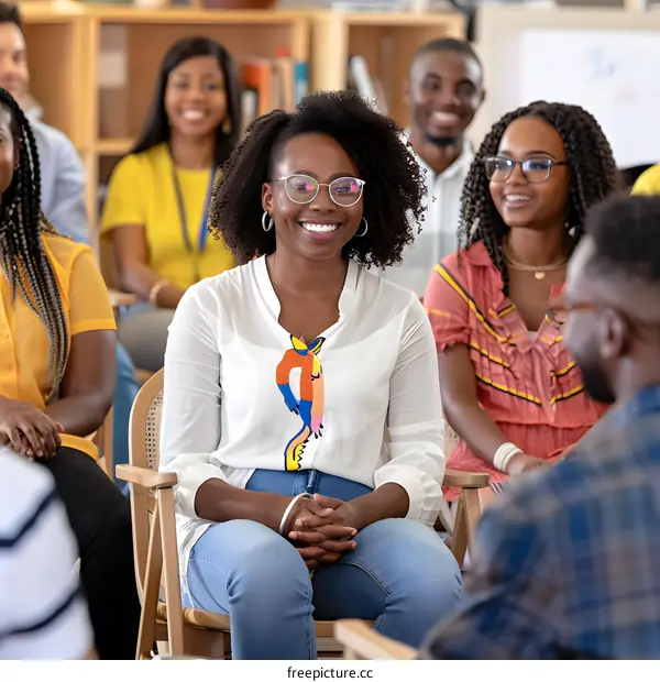 Smiling African American Woman Sitting In A Meeting