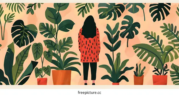 Woman Standing in a Jungle of Plants Illustration