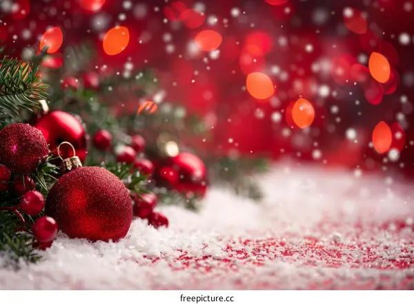 Red and white Christmas ornaments on snow with red background