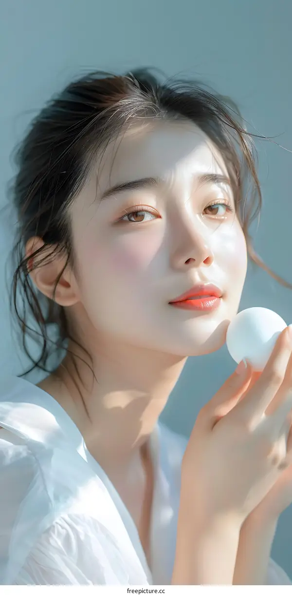 Beautiful Asian Woman Holding a White Egg