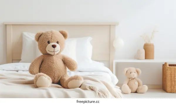 A cute teddy bear sitting on a bed