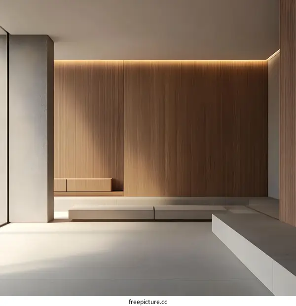 Minimalist Modern Interior Design With Wooden Wall And Concrete Floor