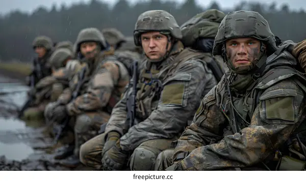 A group of soldiers in the rain