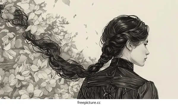 Black and white sketch of a woman with long braided hair and a high collar