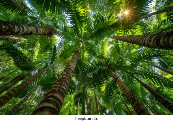 Looking up at the tall palm trees