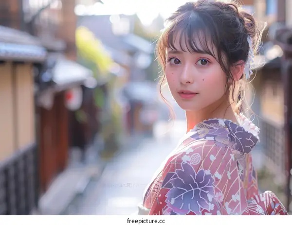 Japanese Woman in Kimono in Traditional Street