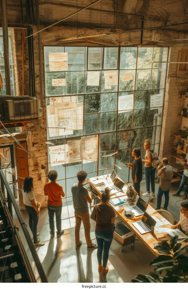 Group of diverse people looking at a presentation in a loft office