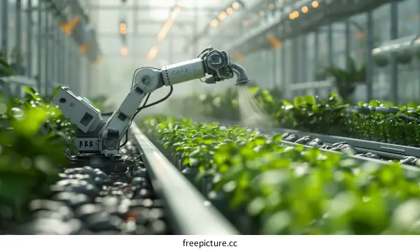 Automated greenhouse with robotic arm watering plants