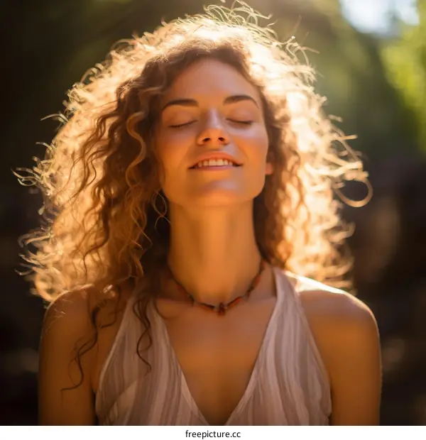 Smiling Woman with Curly Hair in Sunlight