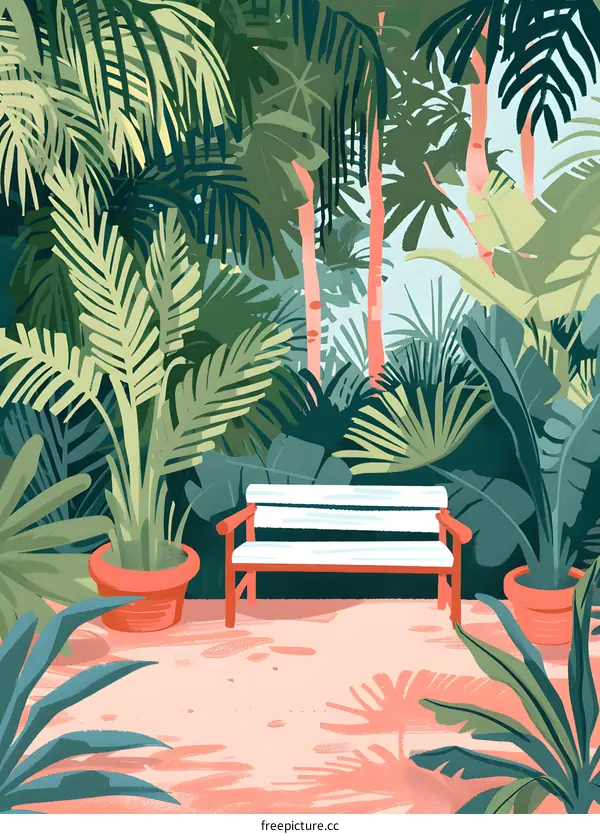 Tropical Garden Illustration With Bench