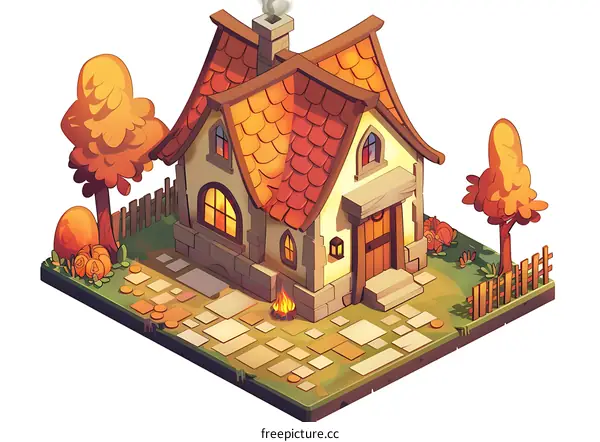 Cute Isometric Illustration of a Small House with a Fireplace