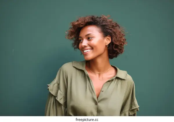 Smiling Woman in a Light Olive Green Shirt