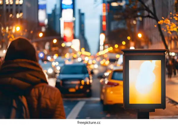 Person walking past street billboard at night with city lights in background