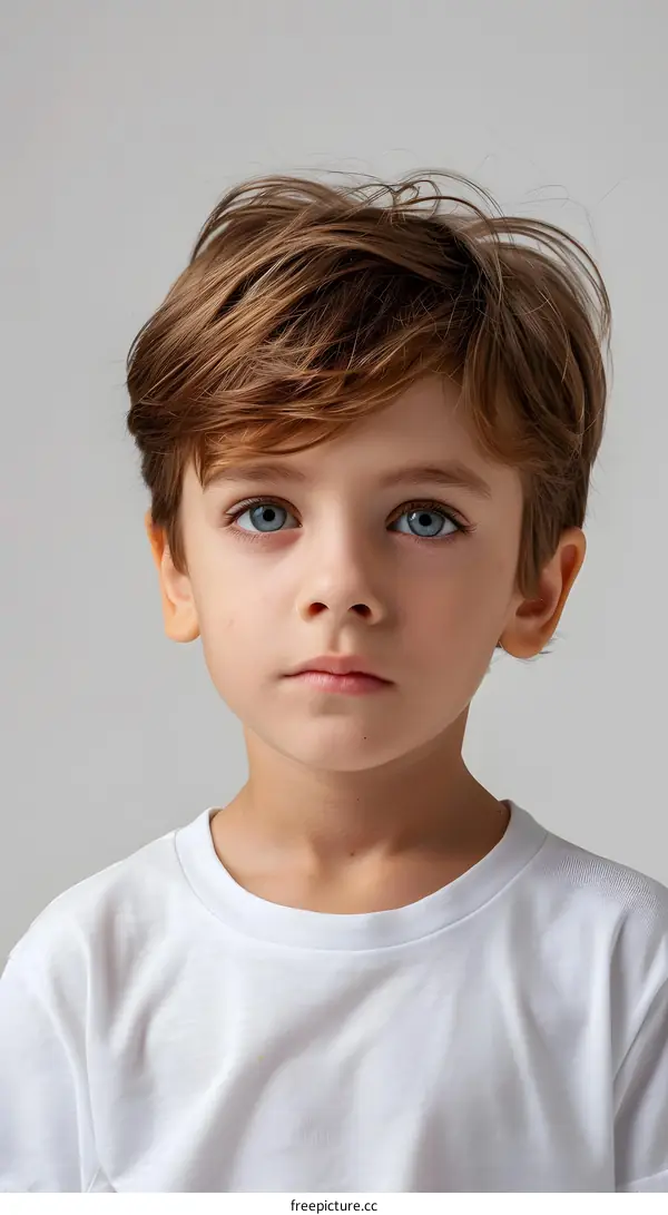 Boy with blue eyes and brown hair in white tshirt