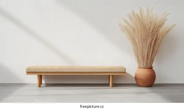 Modern Minimalist Wooden Bench and Dried Pampas Grass