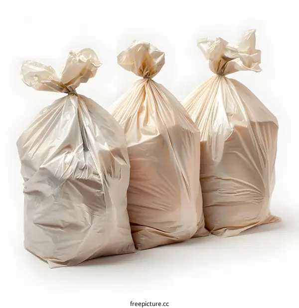 Three translucent garbage bags filled with trash