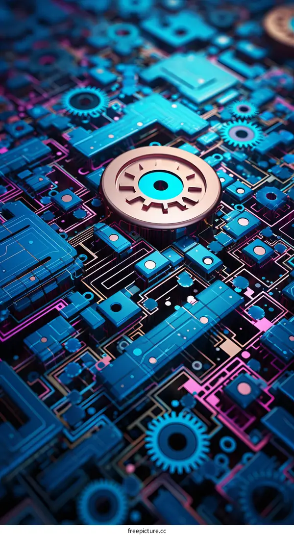 Blue and purple circuit board with a gear in the center