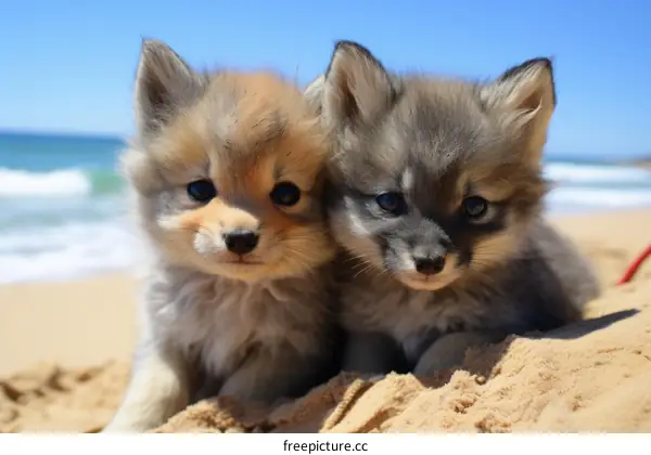 Two Adorable Fluffy Puppies Sitting on the Beach