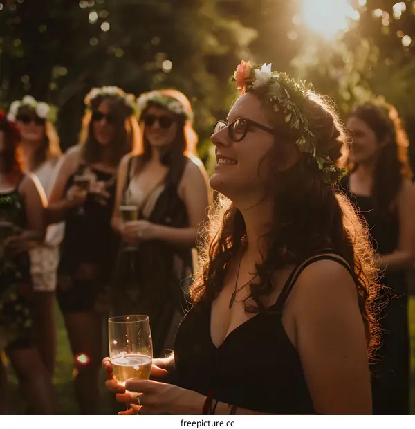 Woman with Flower Crown and Glass of Wine at Sunset