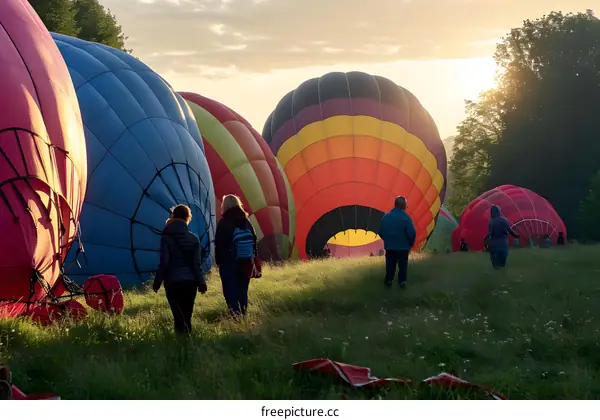 Colorful Hot Air Balloons Preparing for Flight at Sunrise