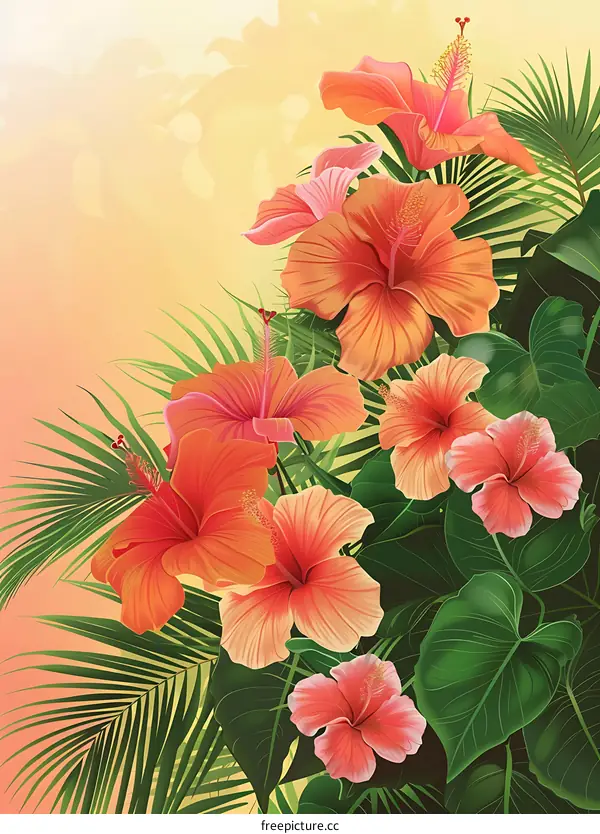Tropical Hibiscus Flowers and Palm Leaves Illustration