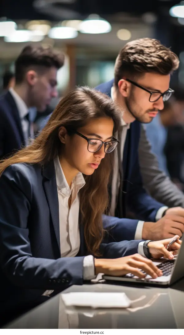 Two business people working together on a laptop in an office environment