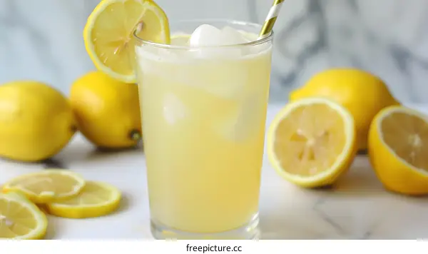 Glass of Lemonade with Lemon Slices and Ice