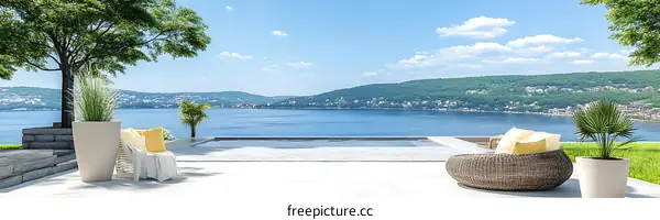 Luxury Outdoor Terrace with Pool and Panoramic Lake View